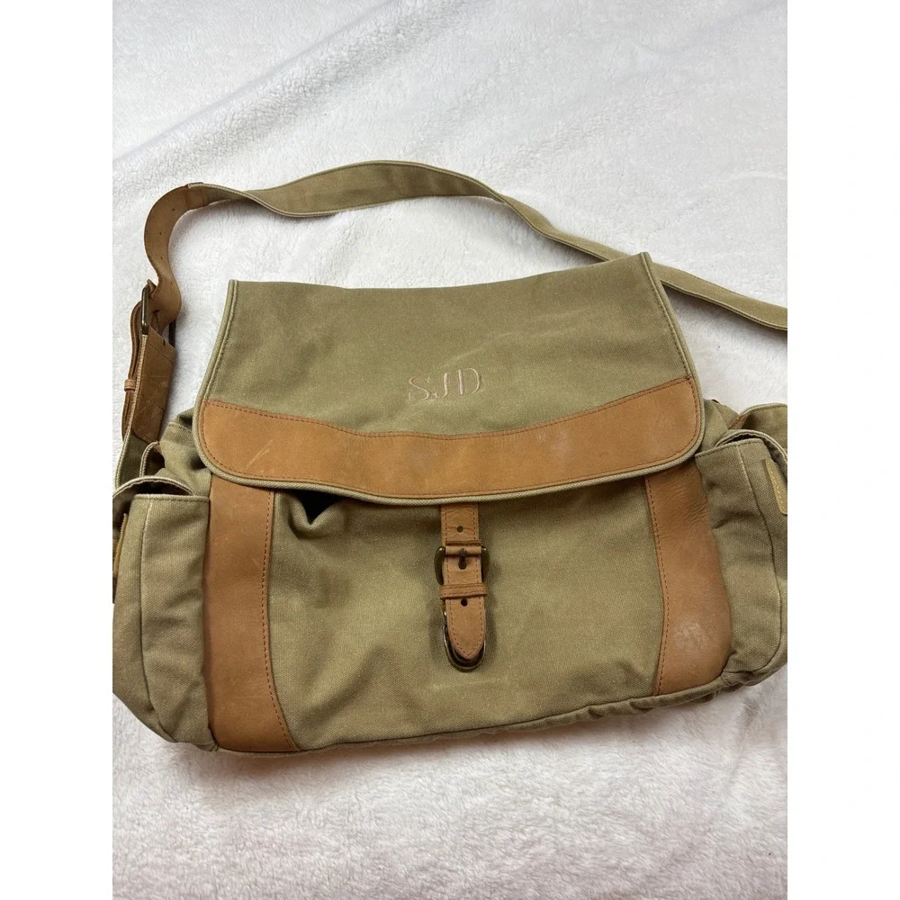 LL Bean Canvas Leather Field Messenger Bag Khaki Tan Satchel Crossbody SJD